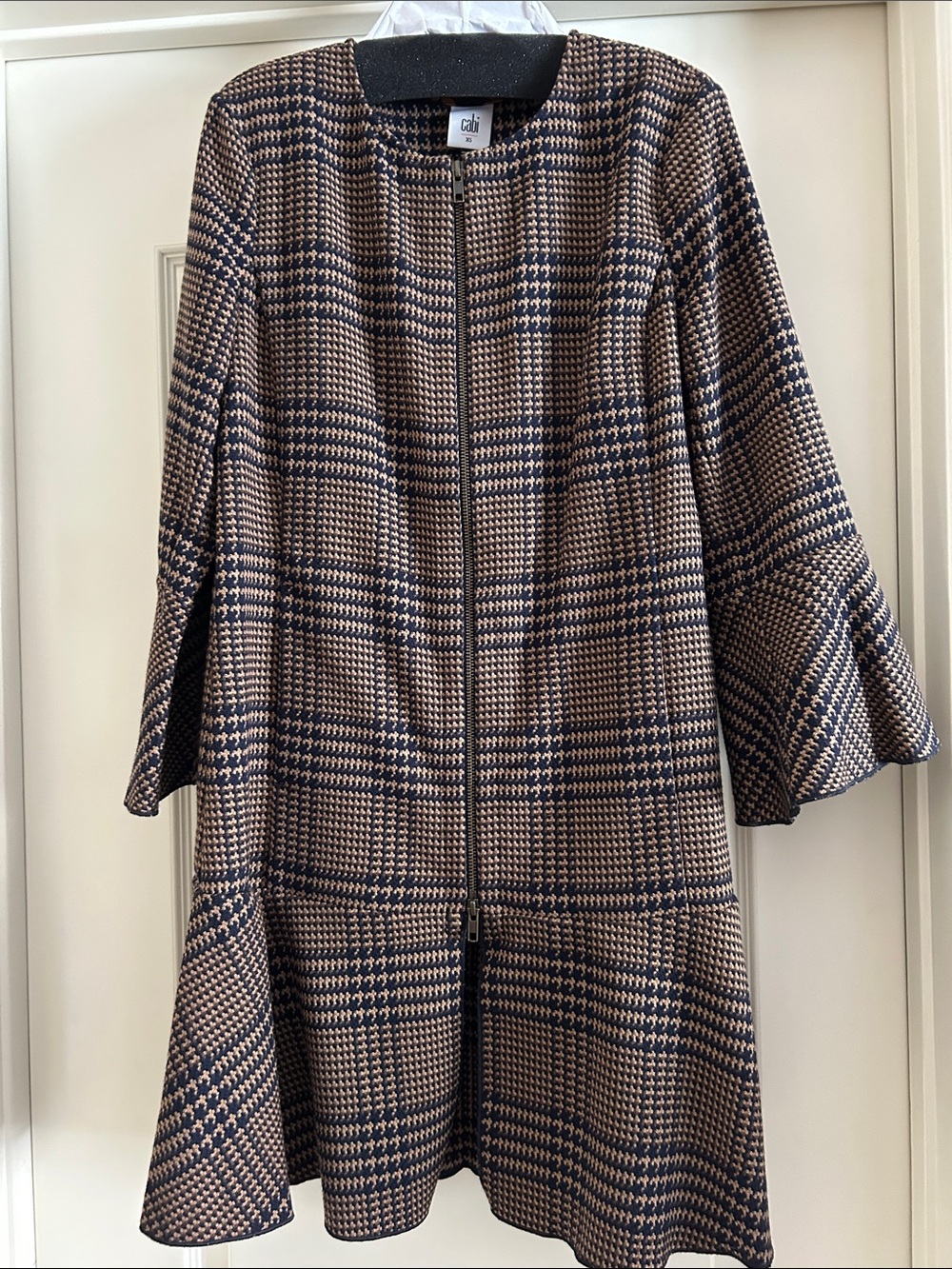CAbi Navy and Camel Plaid Zip-Front Coat